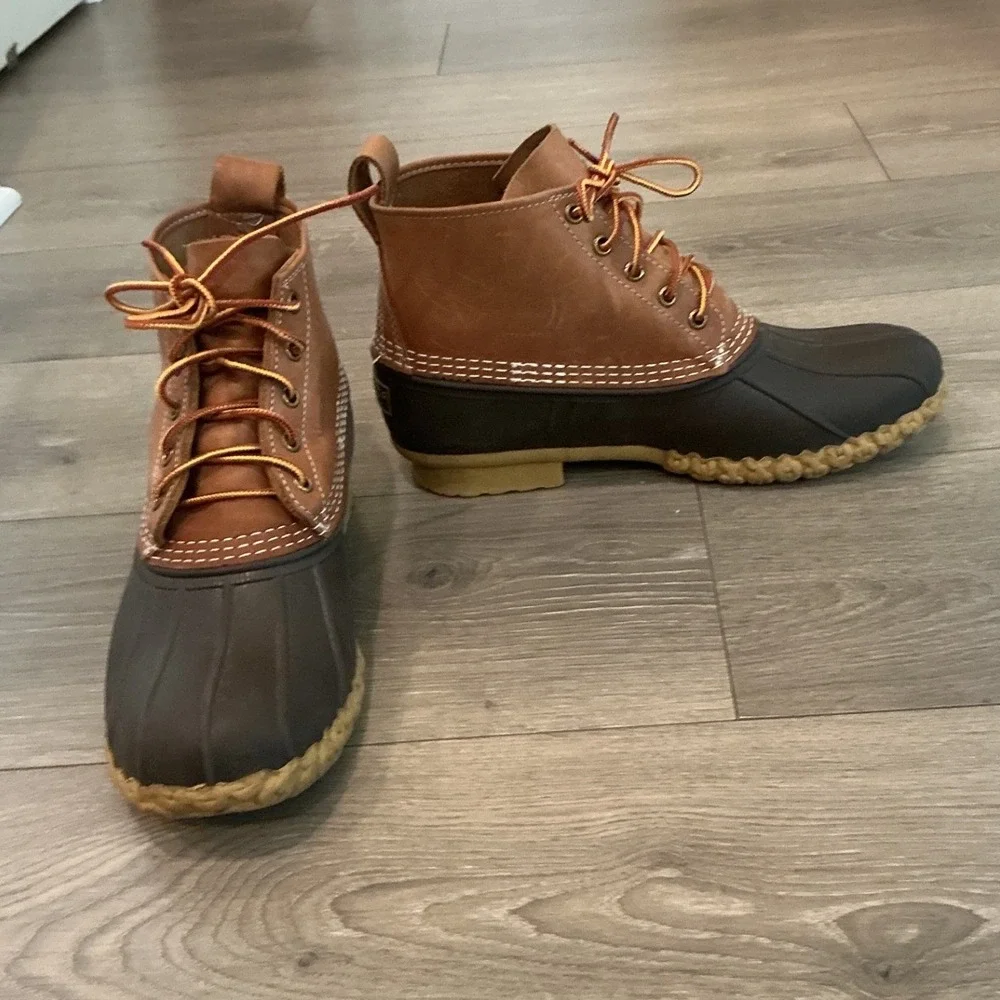 LL Bean Mens Leather Duck Boots 12 Brown Tan Bean Boots Rubber Rain Fisherman